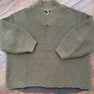 Free People Olive Green V-Neck Chunky Knit Sweater